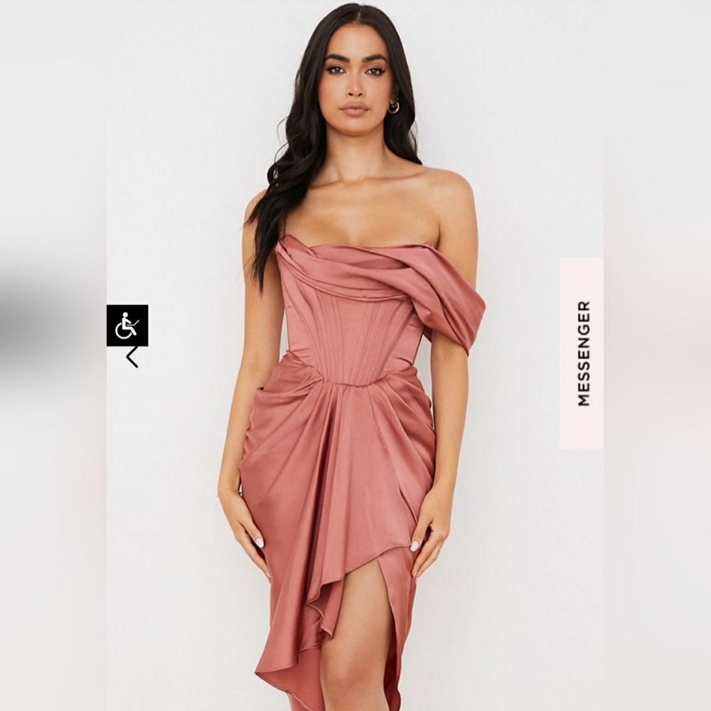Rouge Satin One Shoulder Draped Bella Barnett Dress